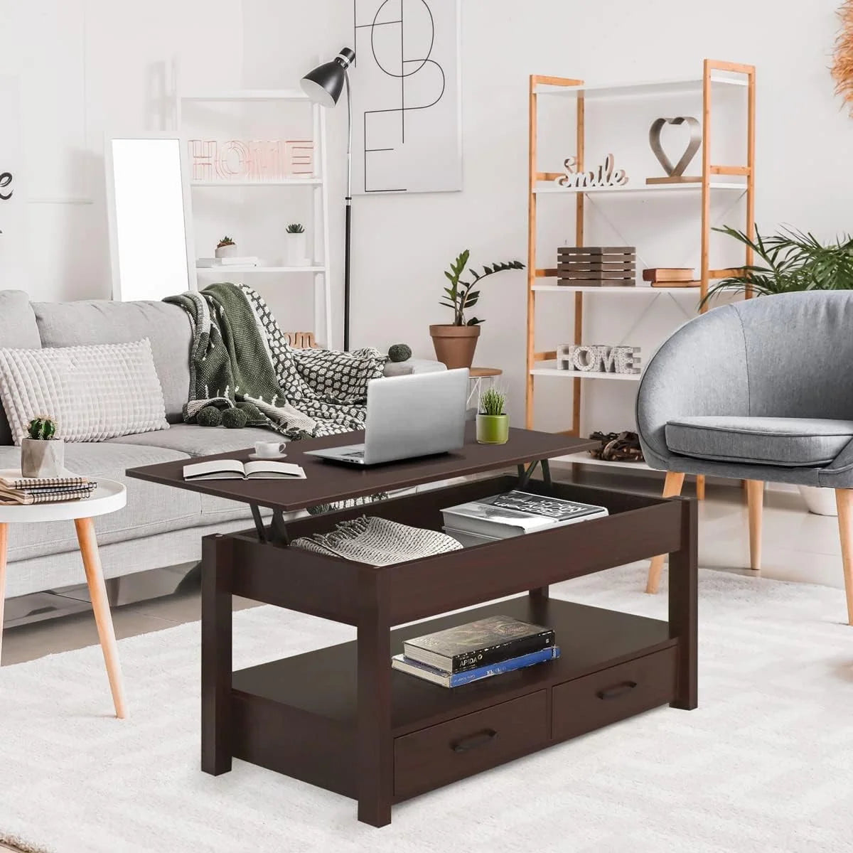 Lift Top Coffee Table with Hidden Compartment and Storage Shelves K22491