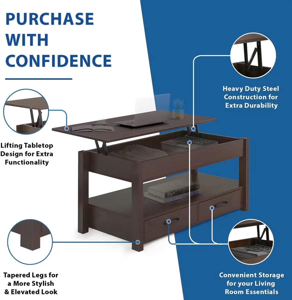 Lift Top Coffee Table with Hidden Compartment and Storage Shelves K22491