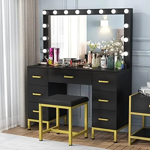 Vanity Set with Lighted Mirror and Cushioned Stool Z6449
