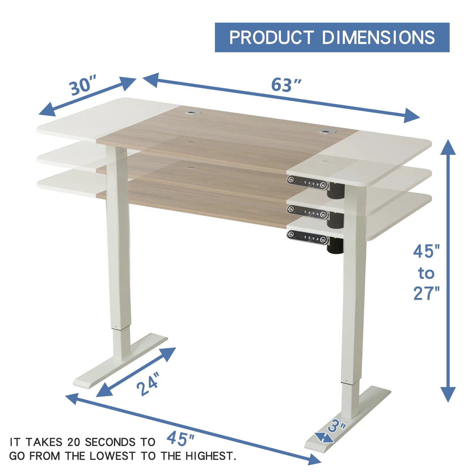 Electric Height Adjustable Standing Desk, 63x30 Inches, White Oak H411