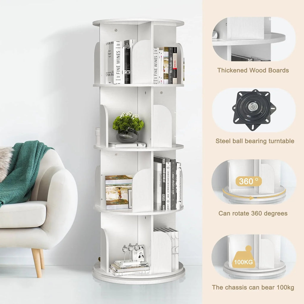 360 Rotating 4-Tier Narrow Bookcase for Small Spaces, White H7274