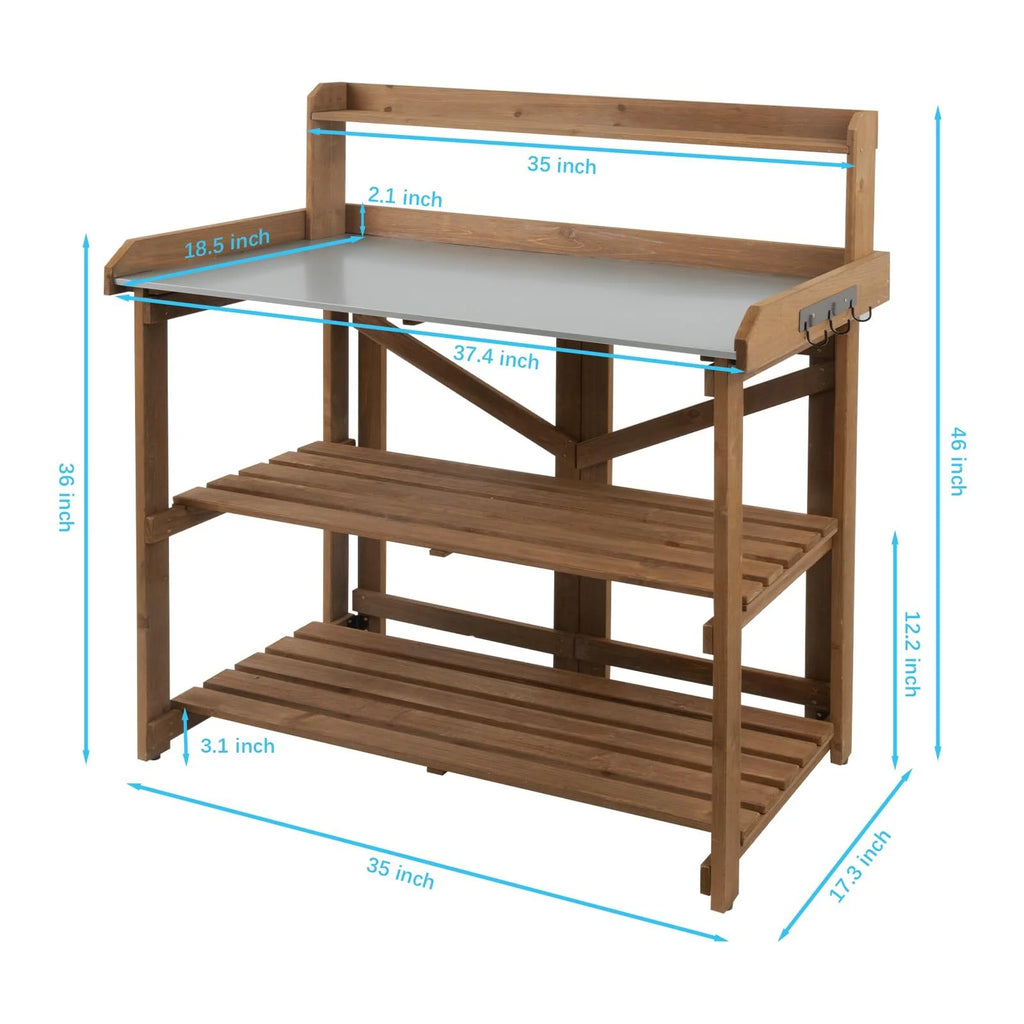 Folding Potting Bench Table Outdoor Garden Wooden Workstation with Galvanized Tabletop M711