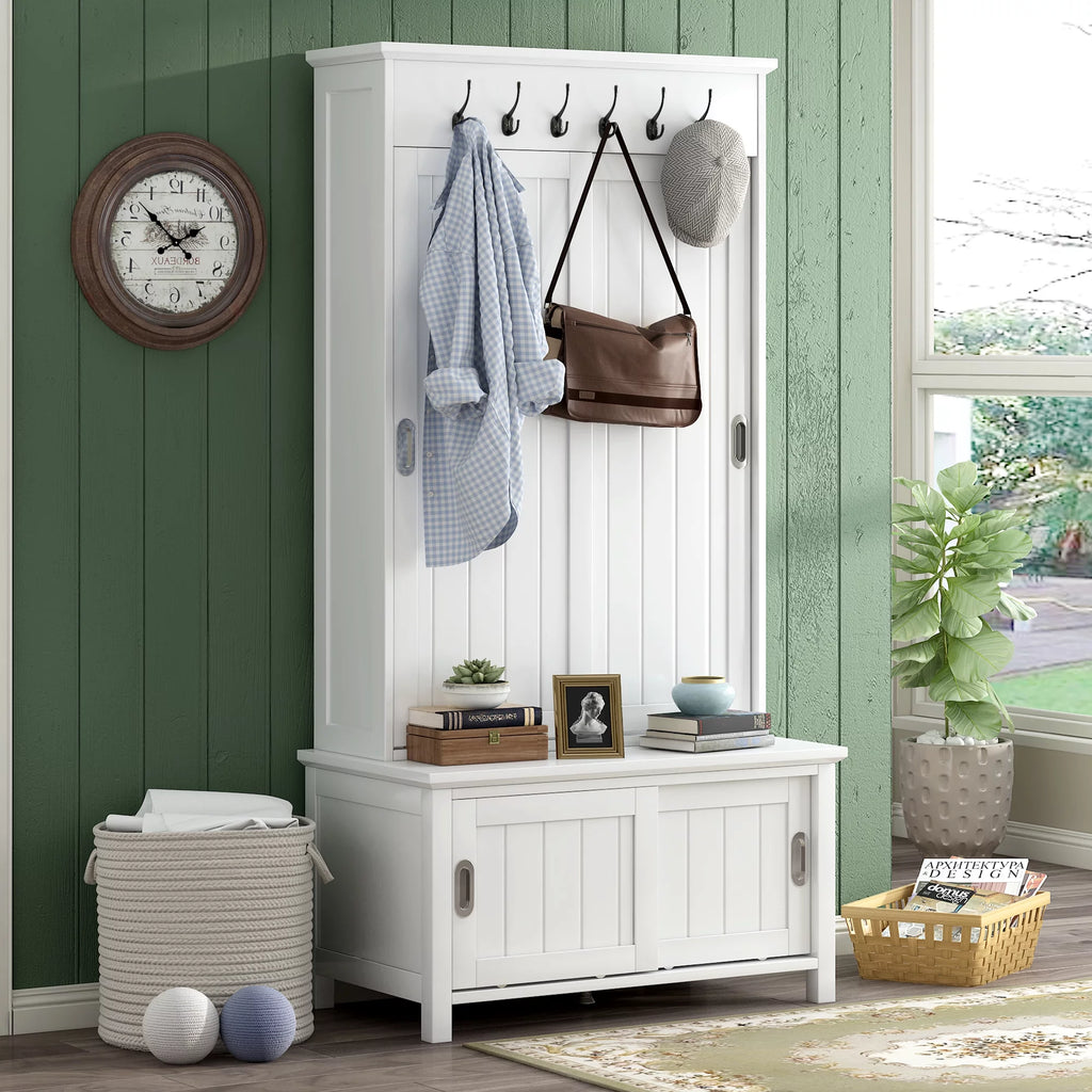 Hall Tree with Sliding Doors, Wooden Shoe Cabinet with Storage Bench and Shelves K116