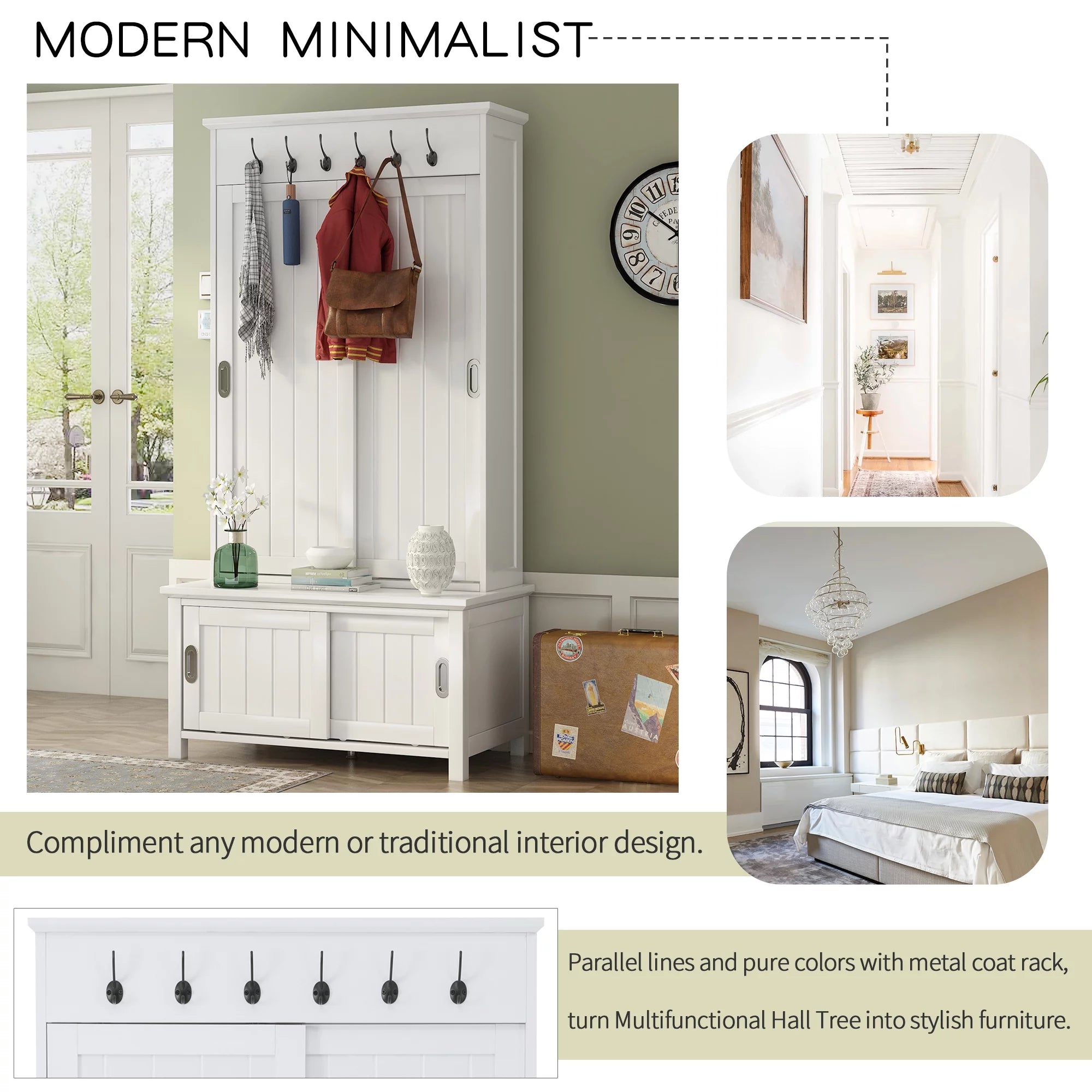 Hall Tree with Sliding Doors, Wooden Shoe Cabinet with Storage Bench and Shelves K116
