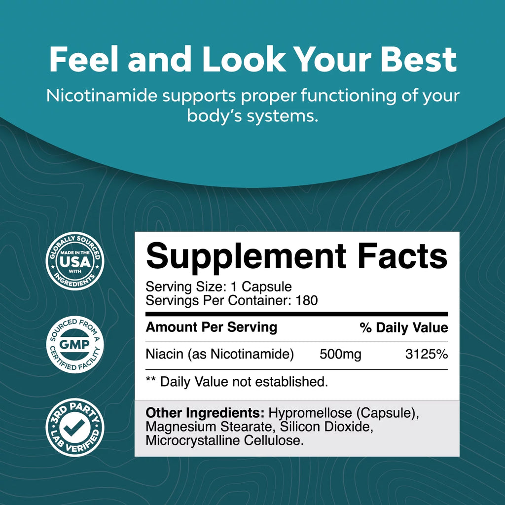 Niacinamide 500mg Capsules, Flush Free Niacin Supplement, 180 Count O7467