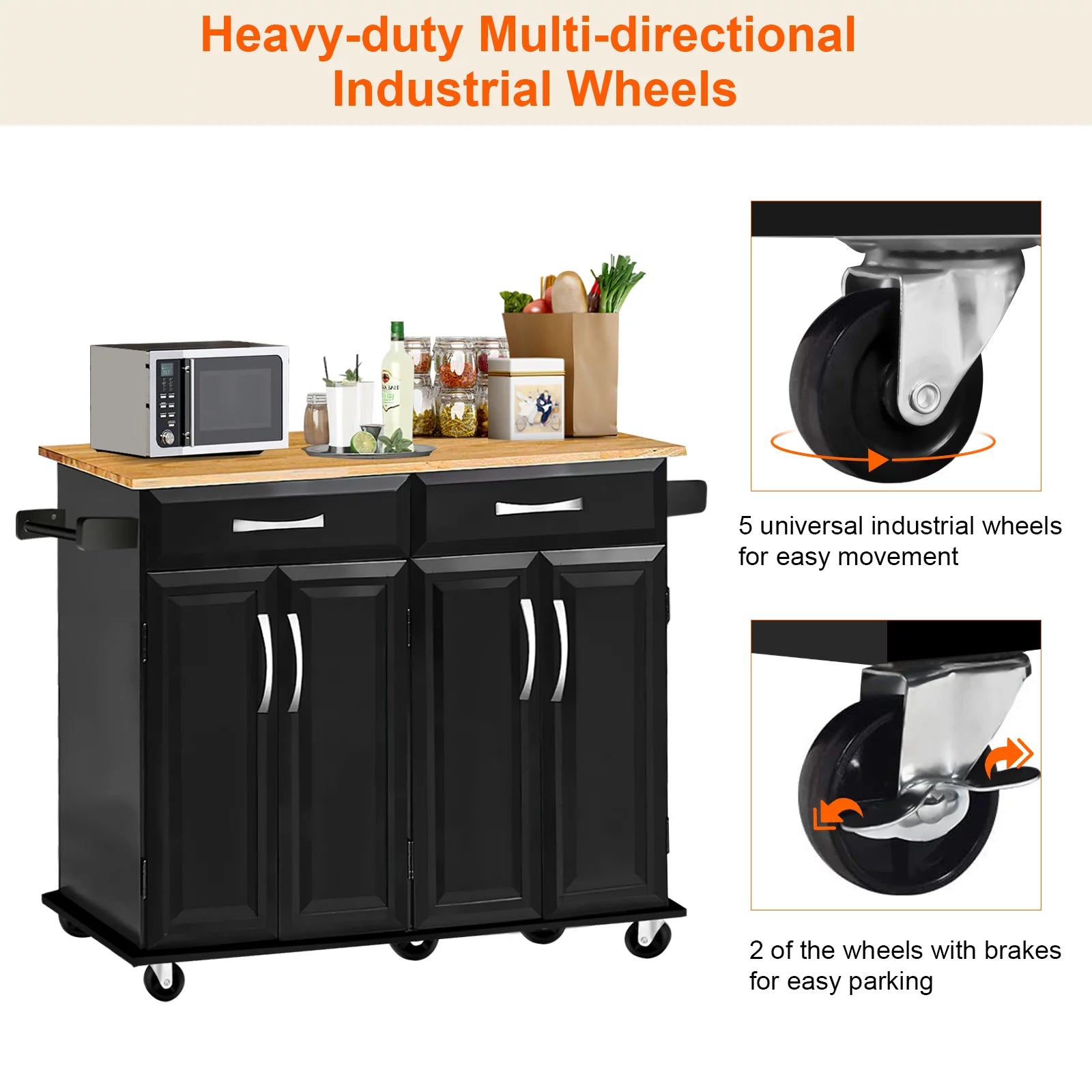 Kitchen Island with Drawers and Storage Cabinet, Rolling Serving Cart with Adjustable Shelves V48557