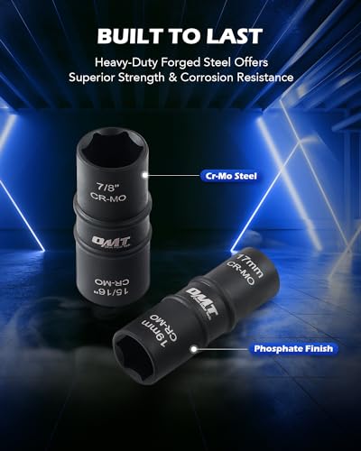 Lug Nut Socket Set, 5pc 1/2" Drive Impact Flip Socket Set, Metric & SAE, Double Ended Thin Wall with 3" Extension Bar J23651