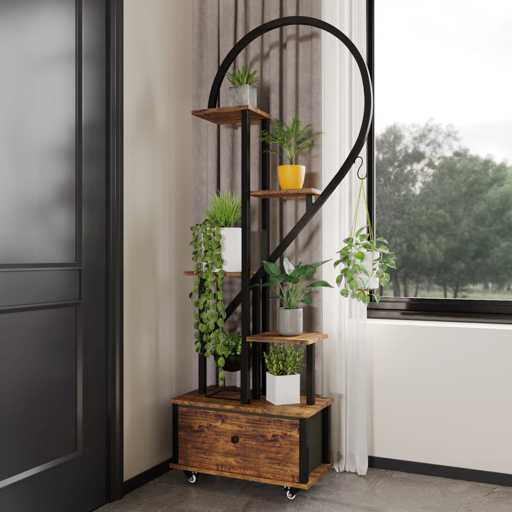 6-Tier Heart-Shape Plant Stand with Drawer and Rollers, Metal and Wood, Indoor Home Decor, 2-Pack I4348
