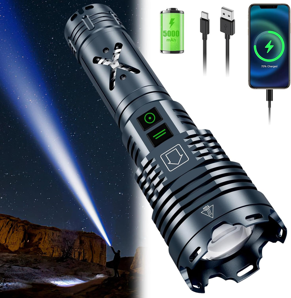 Rechargeable LED Flashlights 2500000 High Lumens,High Powered Flashlight Super Bright,Handheld Tactical Flashlight With Waterproof, 6 Modes, Zoomable, Powerful Flashlights for Camping Home Emergencies