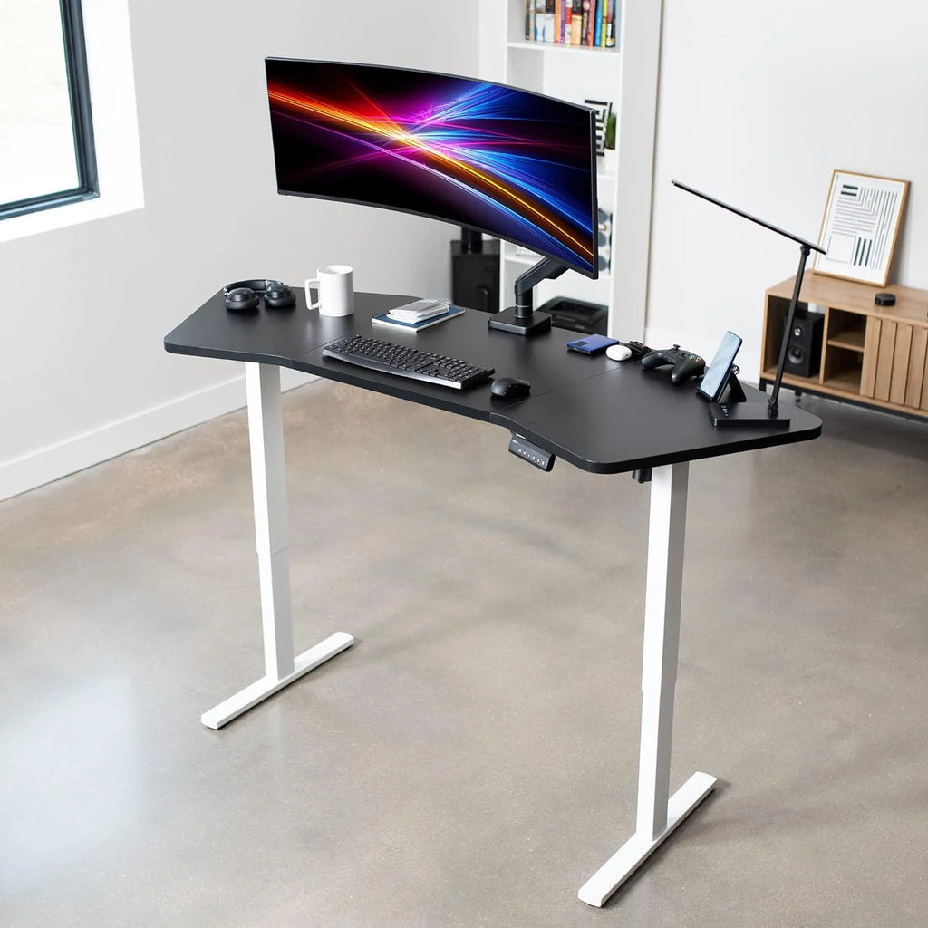Electric Height Adjustable Stand Up Desk with Black Tabletop and White Frame O655476