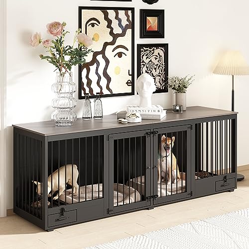 Large Wooden Dog Crate for 2 Dogs with Drawers and Divider S216