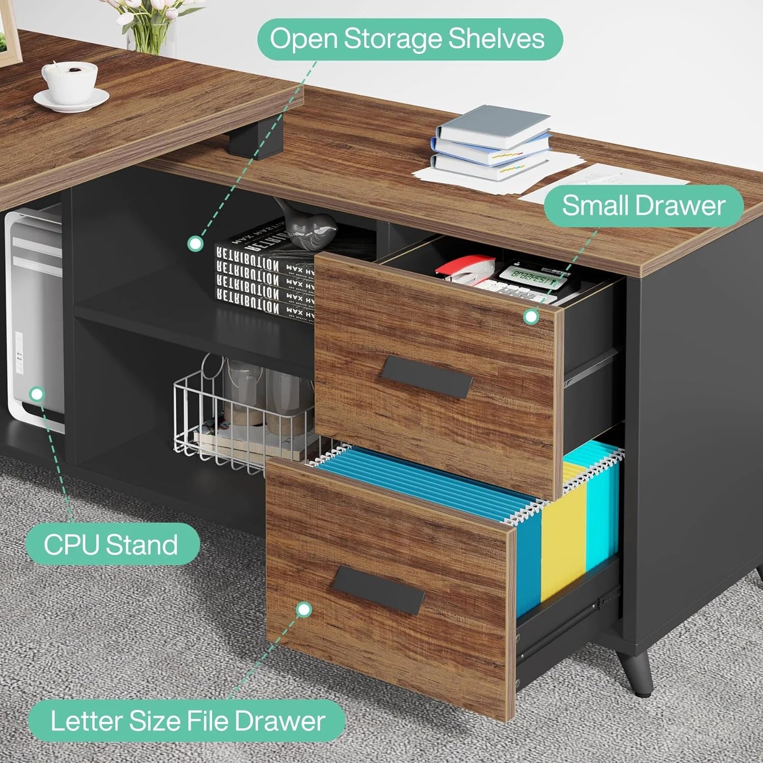 L Shaped Desk with File Drawer, 55 Inch Office Desk H4557