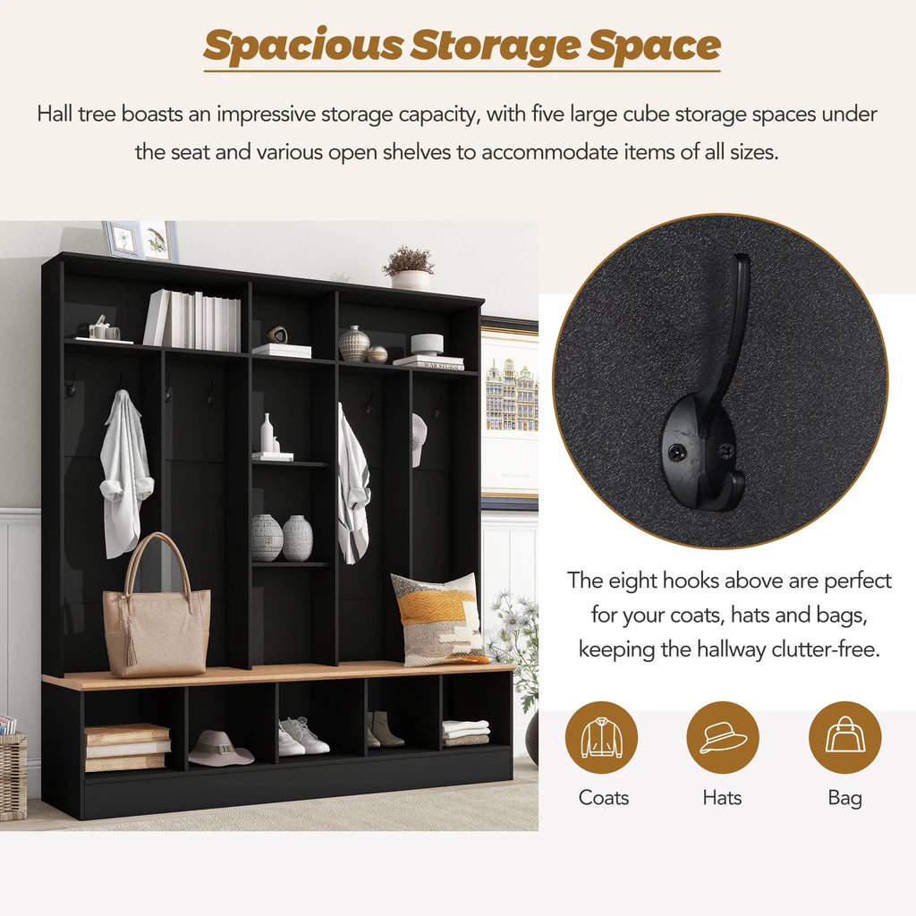 Wide Hall Tree with Storage Bench and 8 Hooks, Black B527