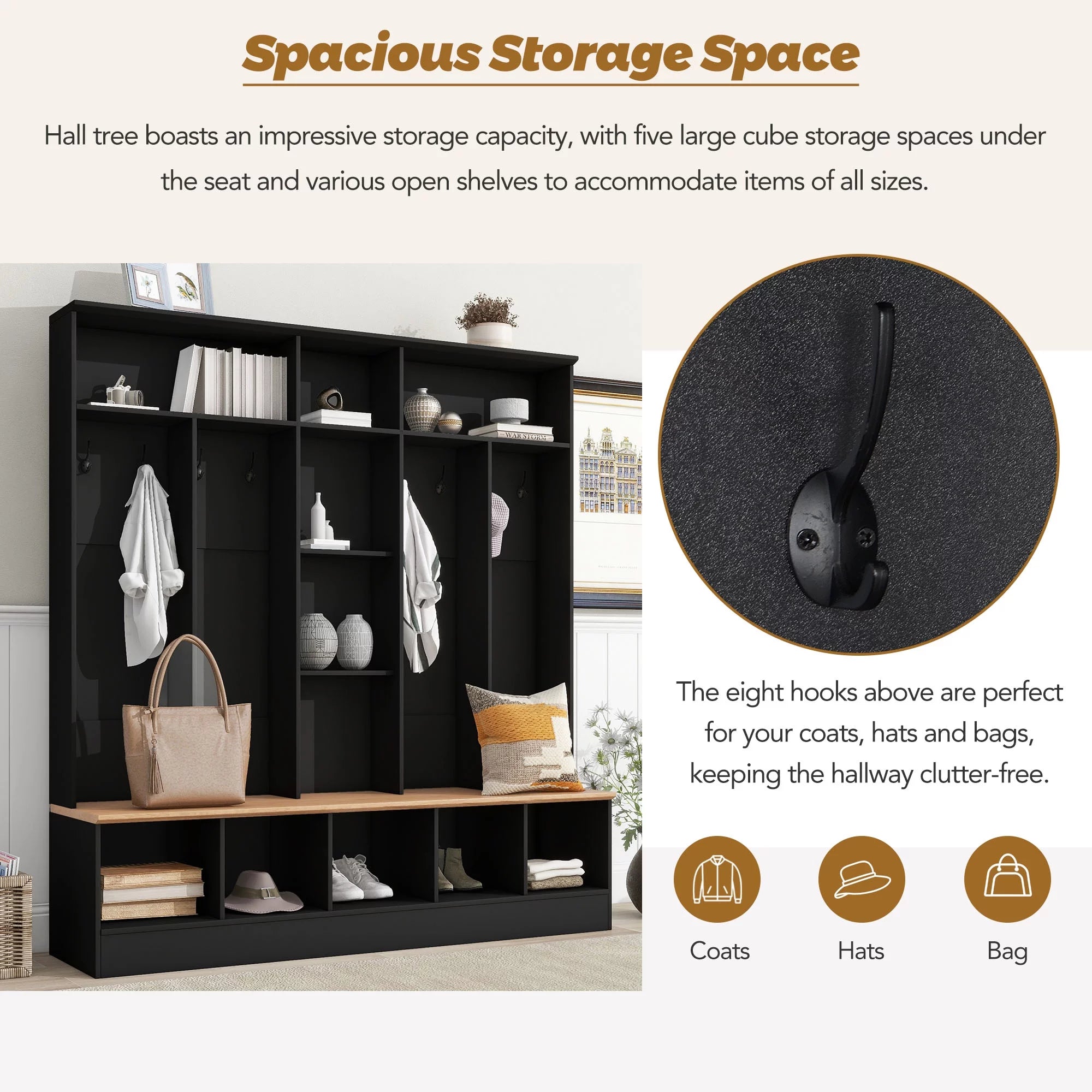 Wide Hall Tree with Storage Bench and 8 Hooks, Black B527