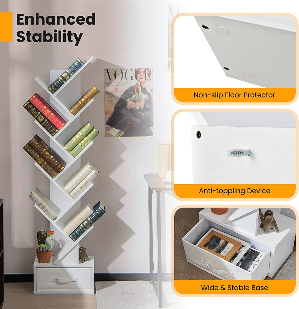 White Wooden Bookcase with Drawer, 10 Shelves H3966