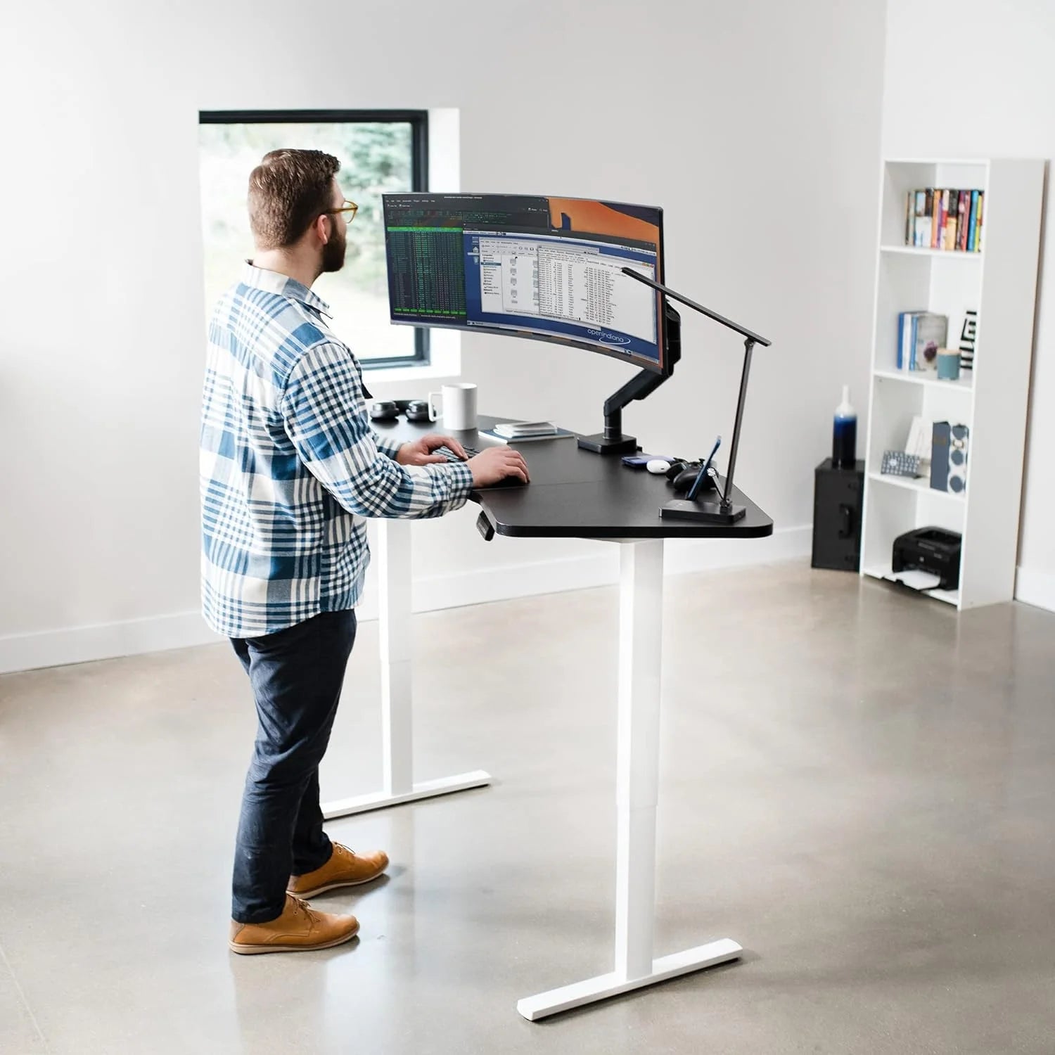 Electric Height Adjustable Stand Up Desk with Black Tabletop and White Frame O655476
