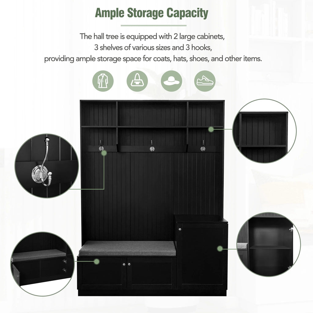 Hall Tree with Bench and Shoe Storage, Coat Rack with Cushion, Black P6332