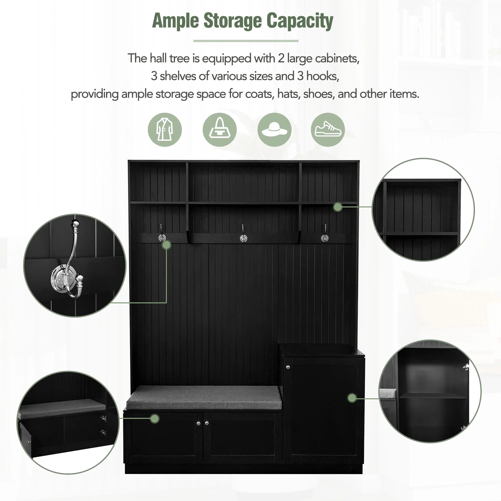 Hall Tree with Bench and Shoe Storage, Coat Rack with Cushion, Black P6332