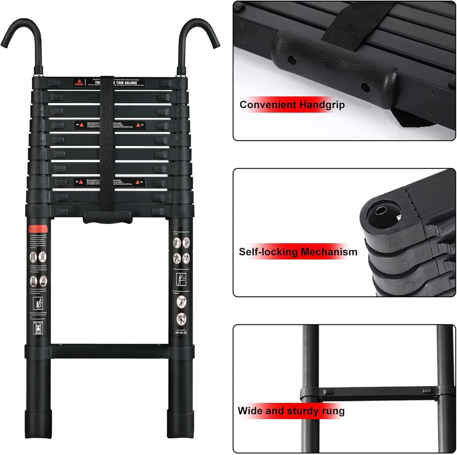 Telescoping Ladder 20FT Compact Extension Ladder with Detachable Roof Hooks G343880