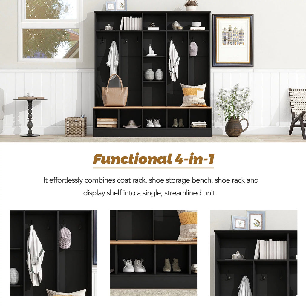 Wide Hall Tree with Storage Bench and 8 Hooks, Black B527