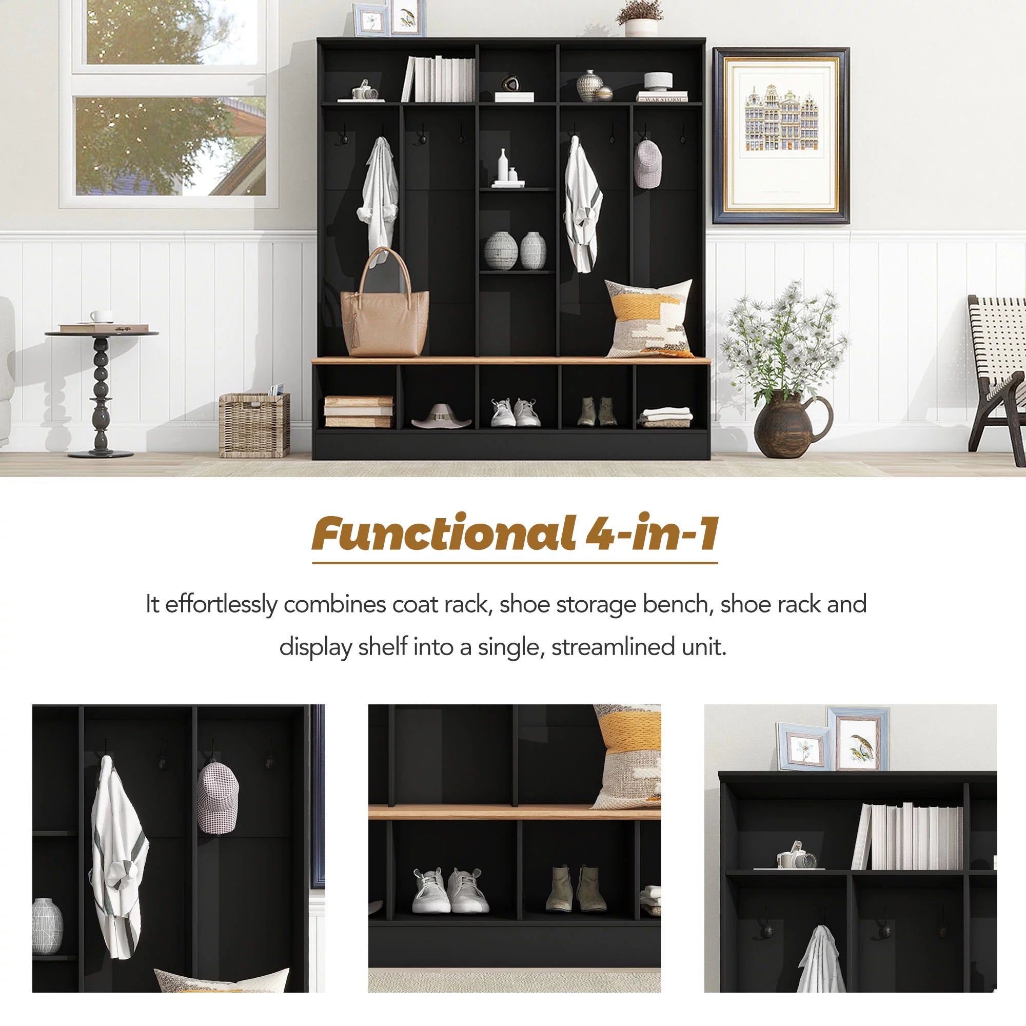 Wide Hall Tree with Storage Bench and 8 Hooks, Black B527