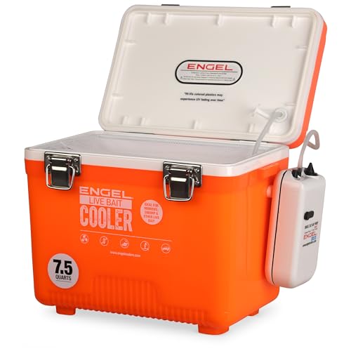 Engel Live Bait Cooler Box with 2nd Gen 2-Speed Portable Aerator Pump. Fishing Bait Station and Minnow Bucket for Shrimp, Minnows, and Other Live Bait