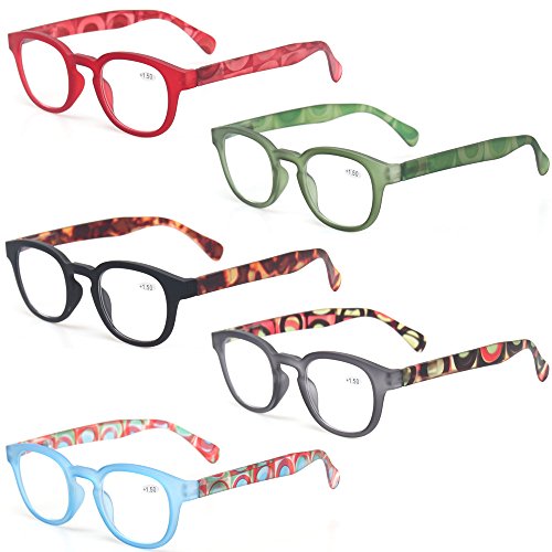 Kerecsen Reading Glasses 5 Pack Unisex Fashion Spring Hinge with Pattern Design Readers