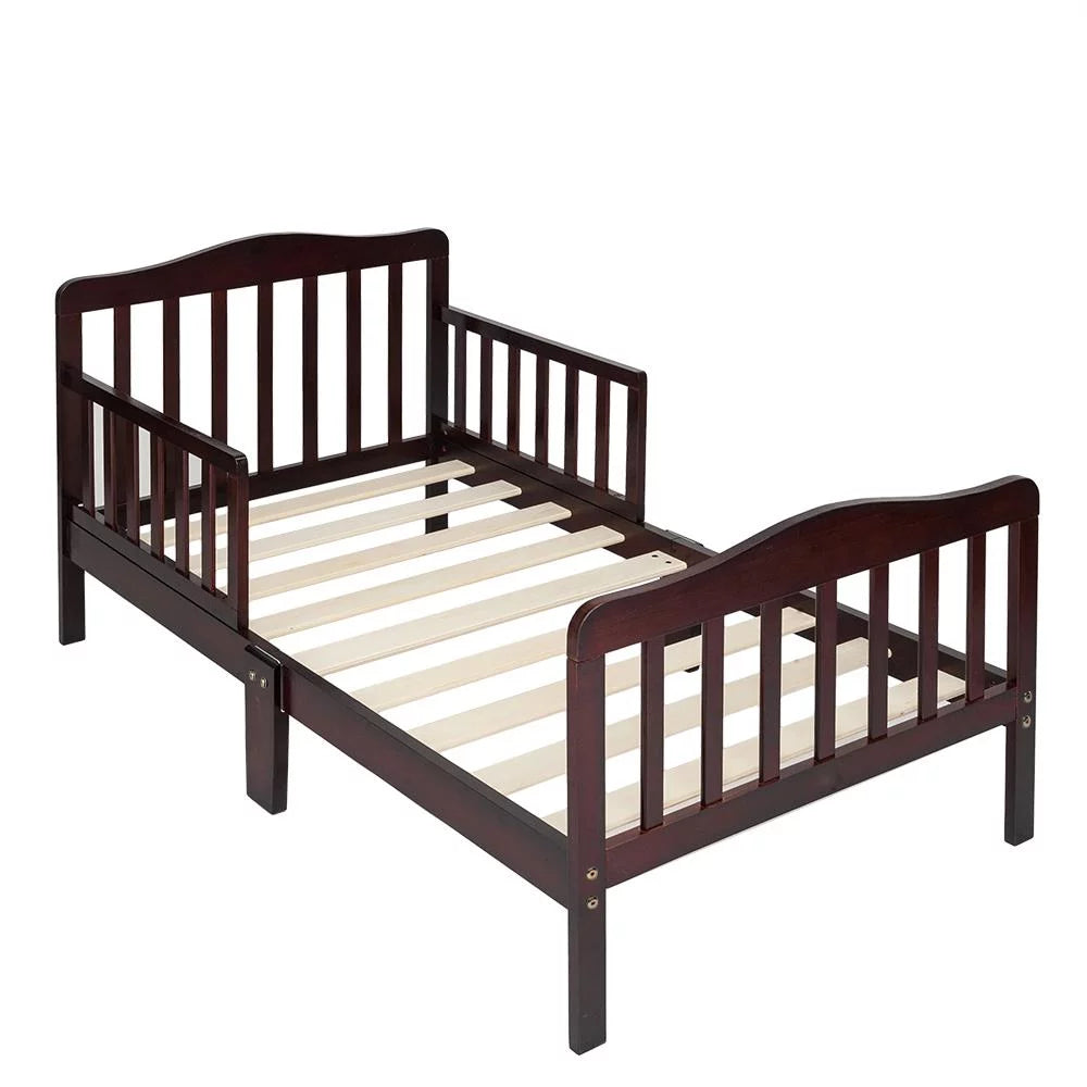 Toddler Wood Bed Frame with Safety Rail Fence O98459