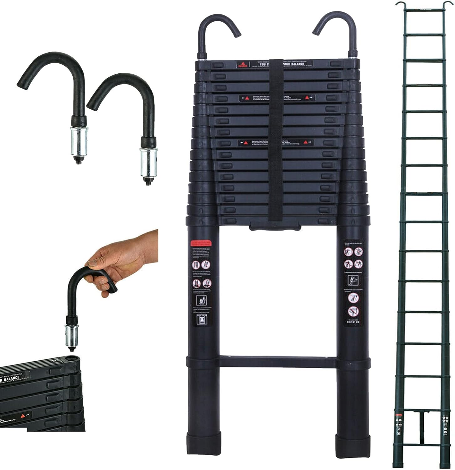 Aluminum Telescoping Ladder with Detachable Roof Hooks, 20 FT, Lightweight D360
