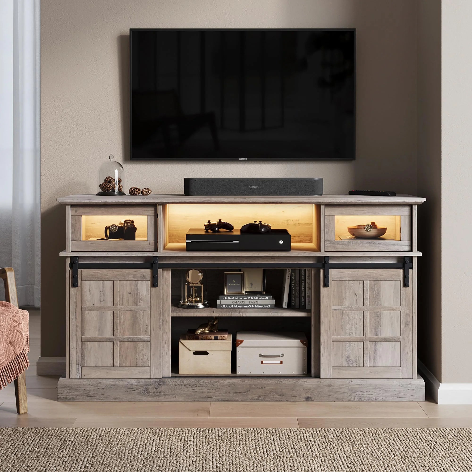 TV Stand with LED Light for TVs Up to 65 Inch, Storage Cabinet, Gray E9214